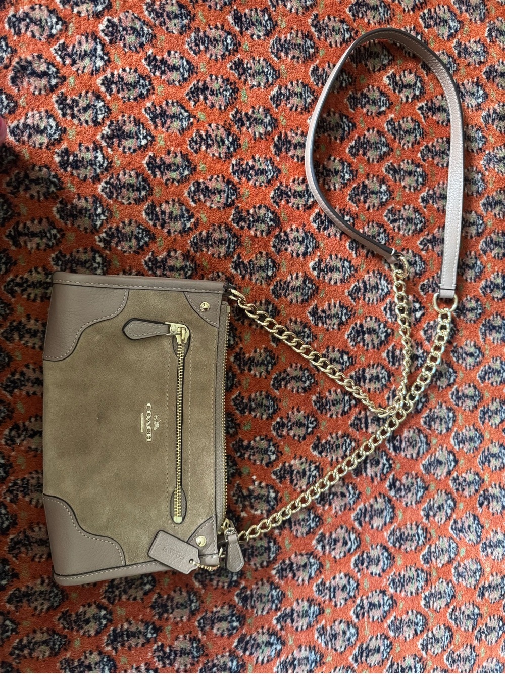 Coach Taupe Suede and Leather Chain Crossbody Bag